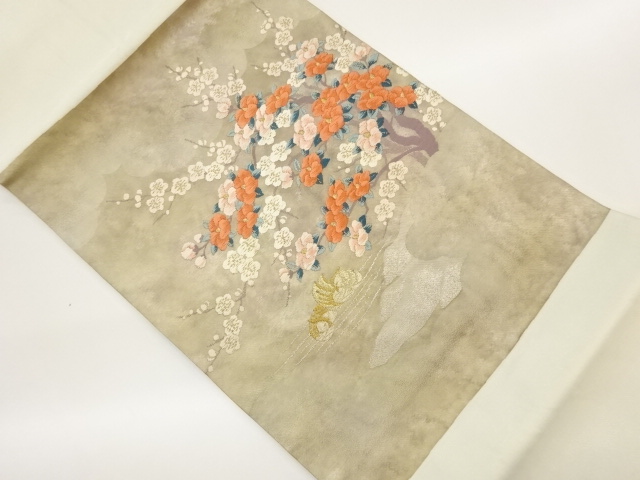 引箔鴛鴦に梅・椿模様織出し名古屋帯